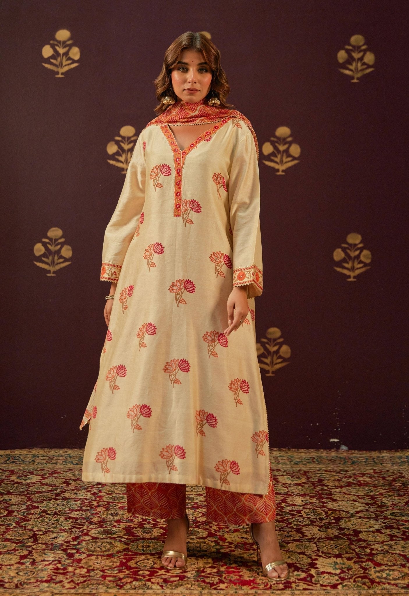 Beige Chanderi Hand Block Printed Suit Set With Dupatta - Tara - C - Tara