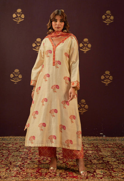 Beige Chanderi Hand Block Printed Suit Set With Dupatta - Tara - C - Tara