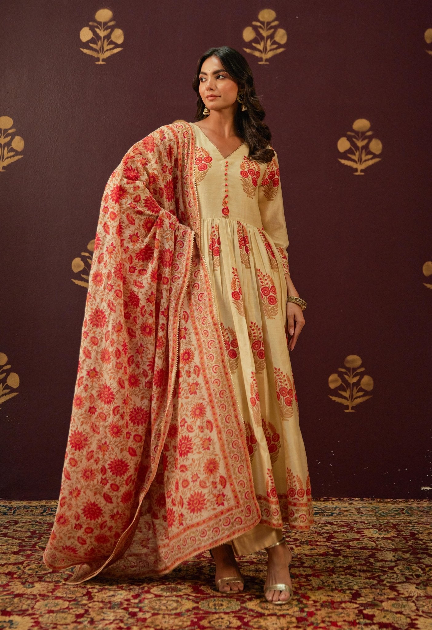 Beige Chanderi Hand Block Printed Suit Set With Dupatta - Tara - C - Tara