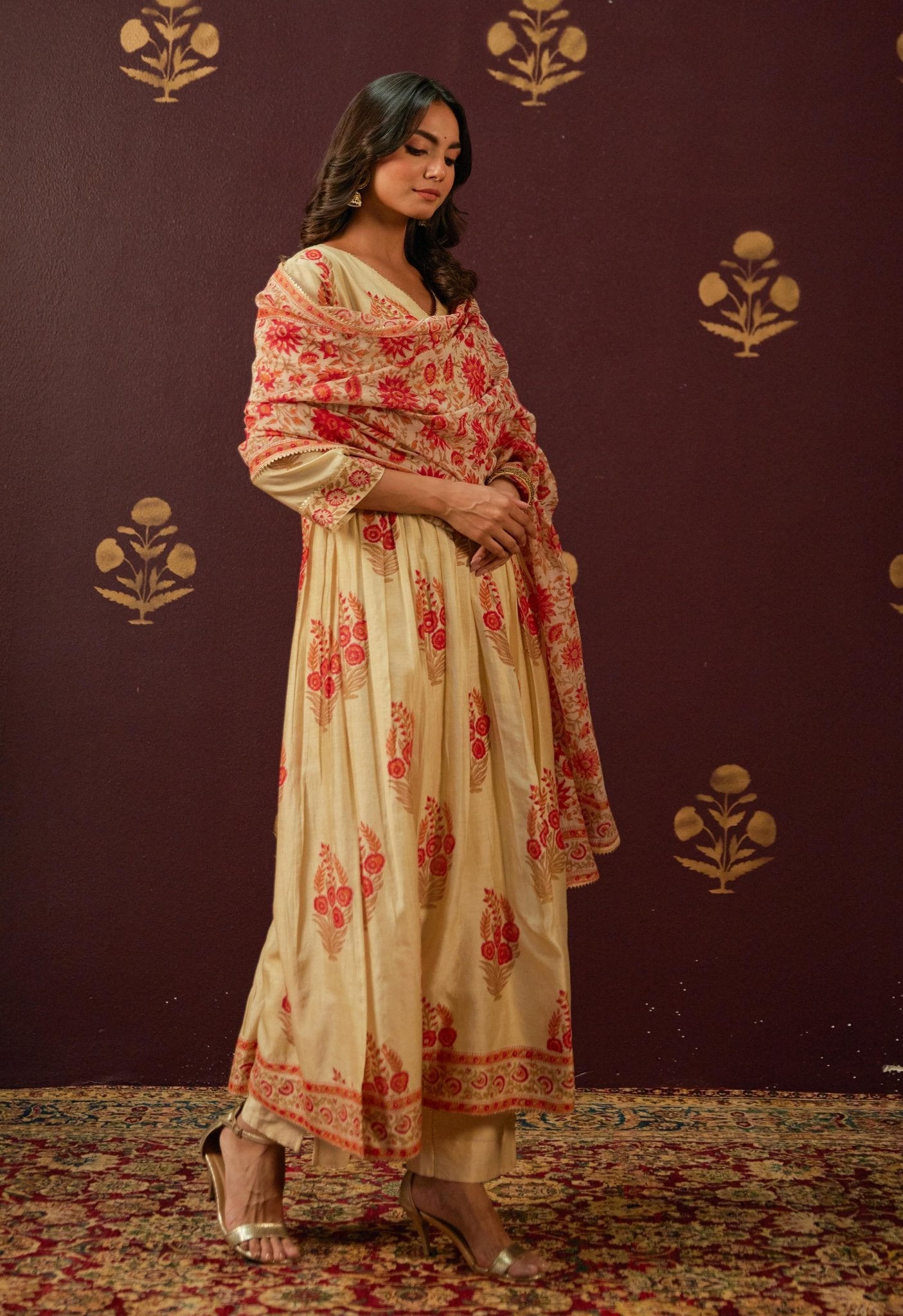 Beige Chanderi Hand Block Printed Suit Set With Dupatta - Tara - C - Tara