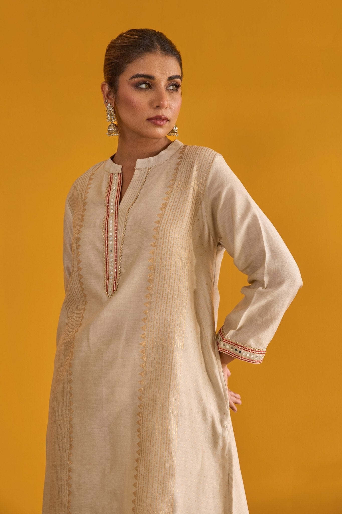 Beige Hand Block Printed Chanderi Coord Set - Tara - C - Tara