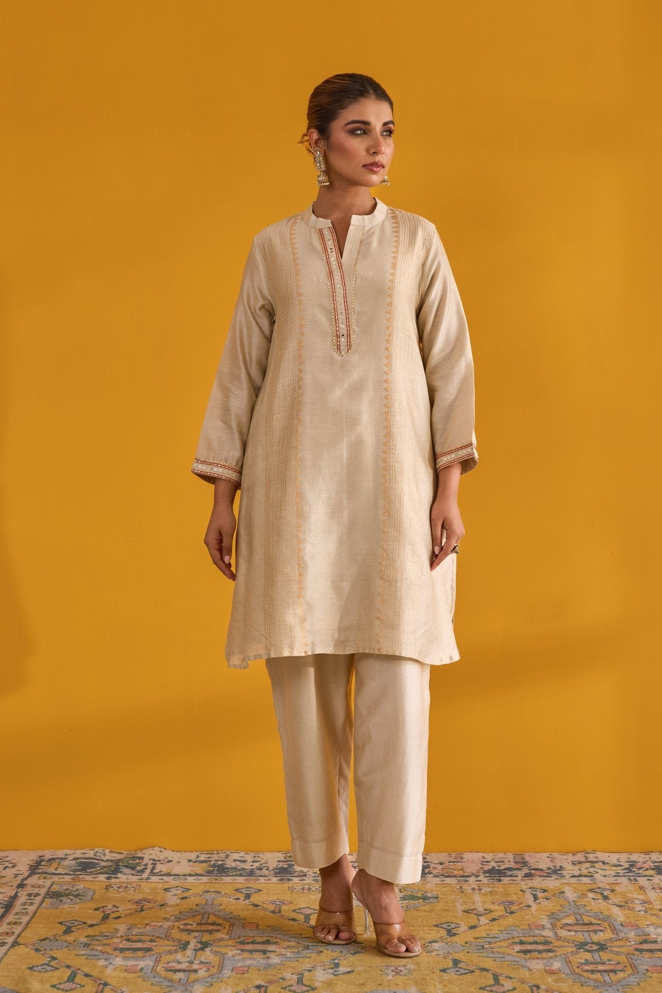 Beige Hand Block Printed Chanderi Coord Set - Tara - C - Tara