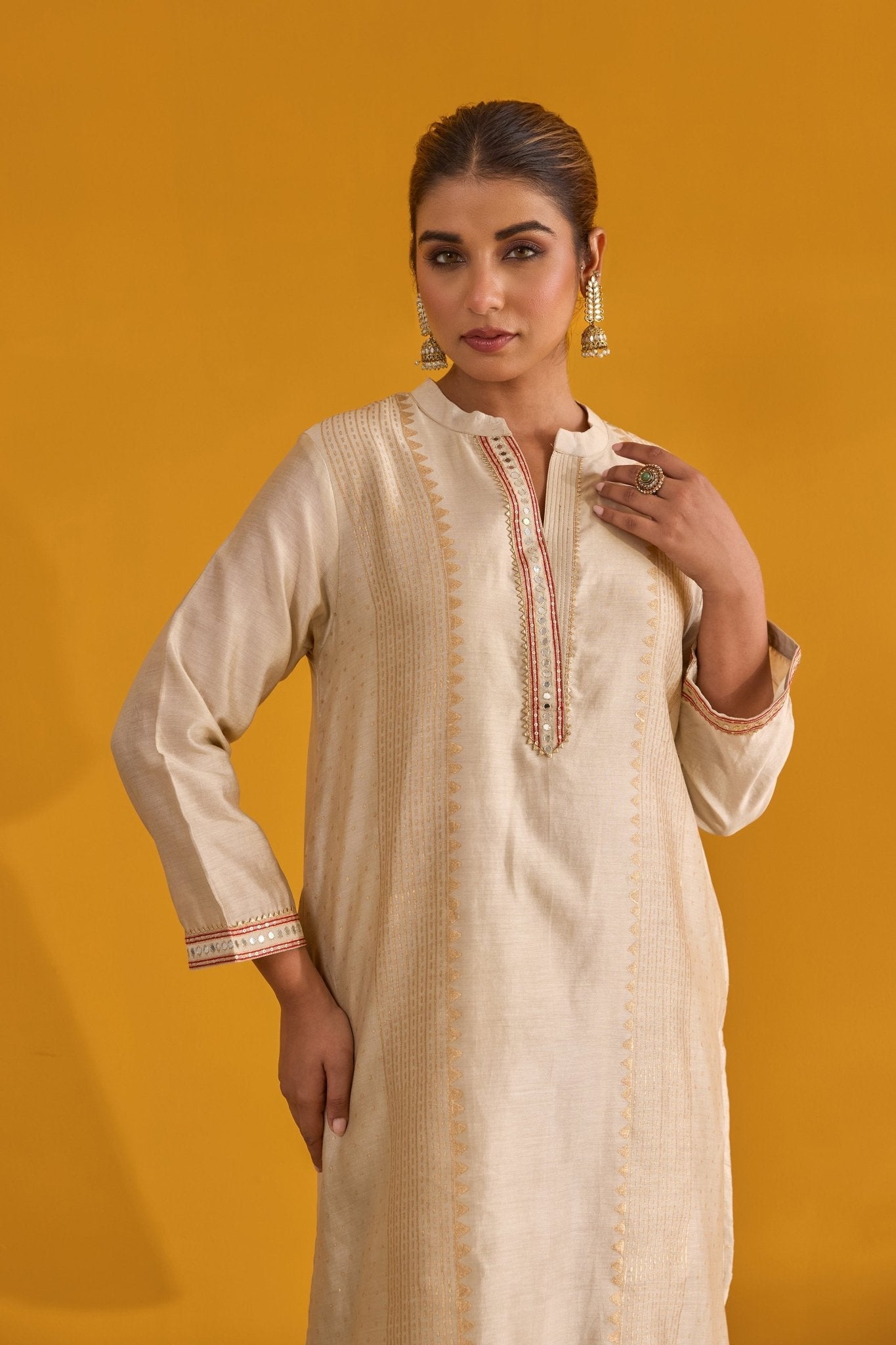 Beige Hand Block Printed Chanderi Coord Set - Tara - C - Tara