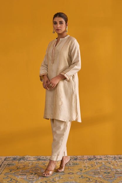 Beige Hand Block Printed Chanderi Coord Set - Tara - C - Tara