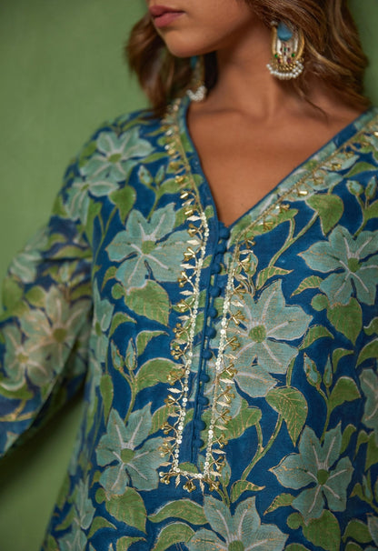 Blue Charm: Hand Block Printed Chanderi Kurta set - Tara - C - Tara