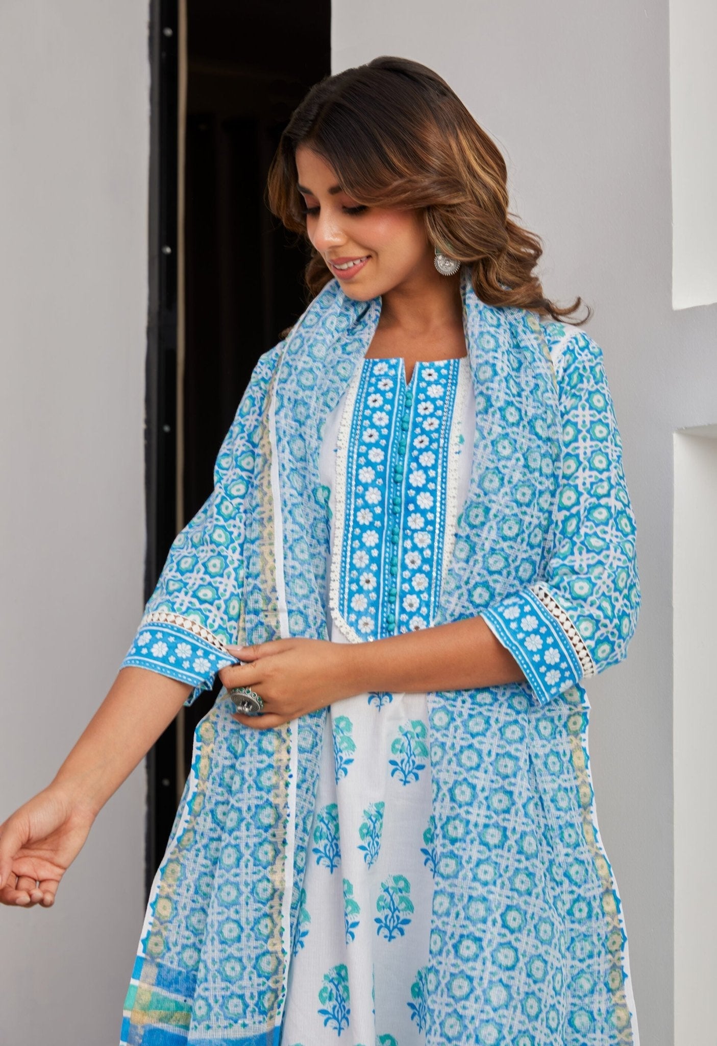 Blue Cotton hand Block Printed Kurta Set With Dupatta - Tara - C - Tara