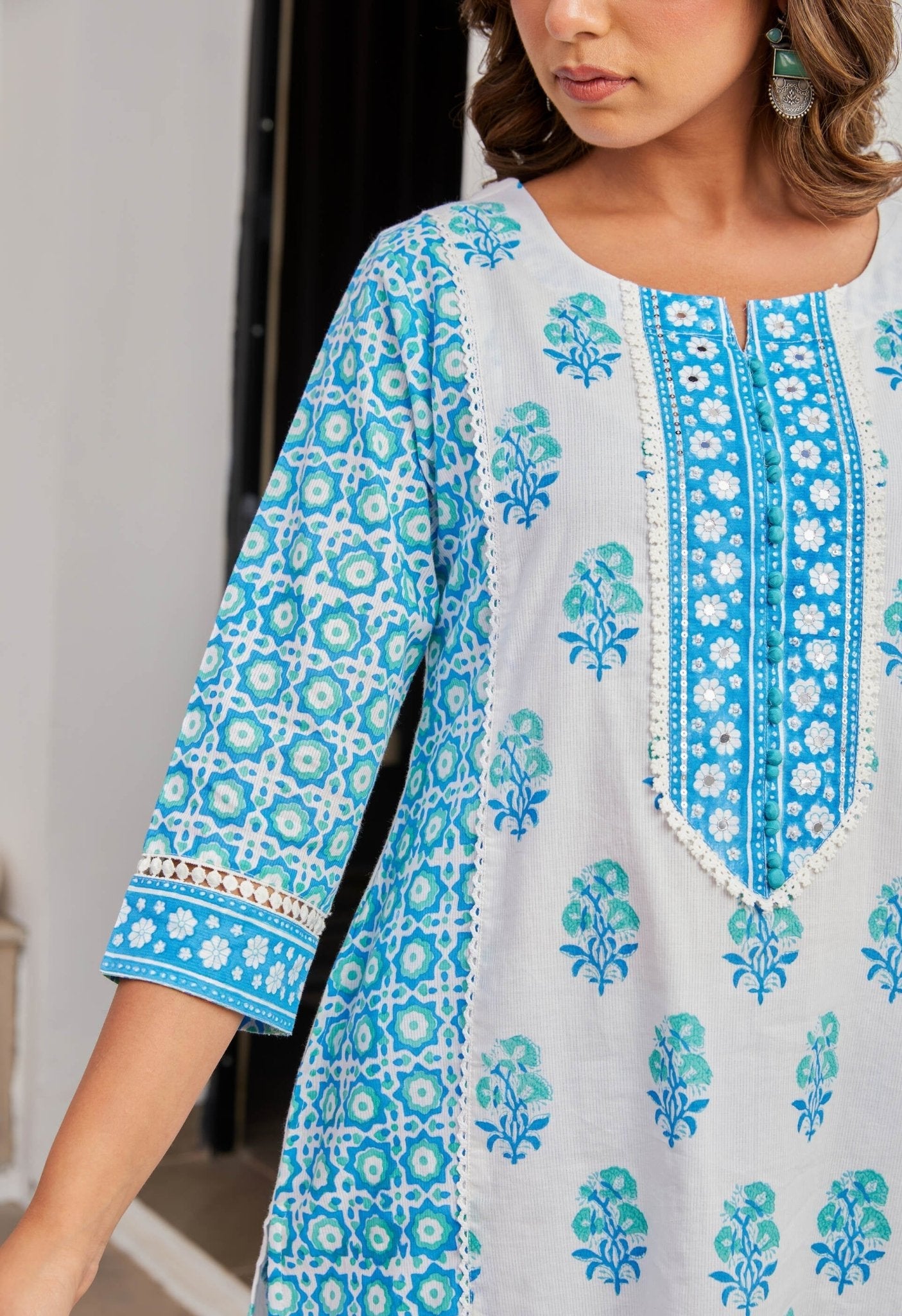 Blue Cotton hand Block Printed Kurta Set With Dupatta - Tara - C - Tara