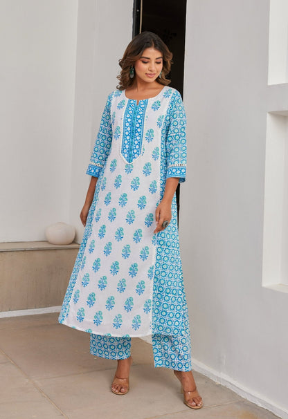 Blue Cotton hand Block Printed Kurta Set With Dupatta - Tara - C - Tara