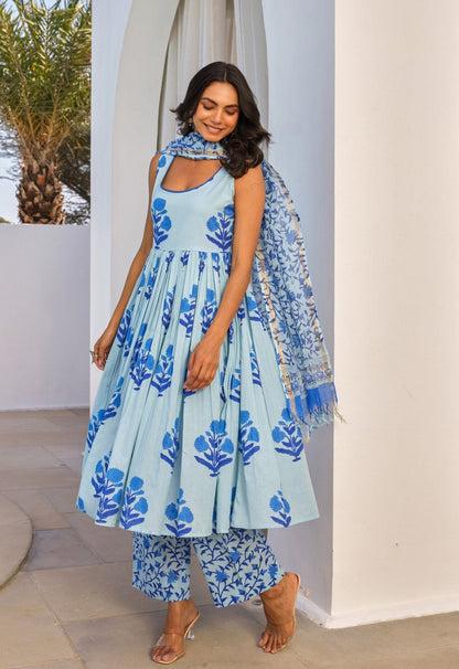 Blue Floral Hand Block Printed Kurta Set - Tara - C - Tara