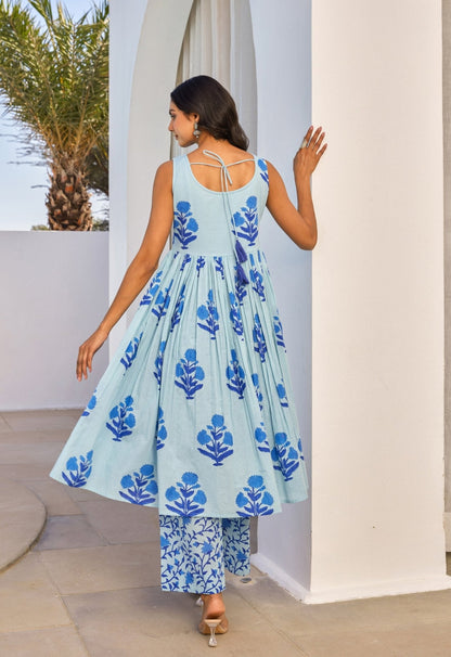 Blue Floral Hand Block Printed Kurta Set - Tara - C - Tara
