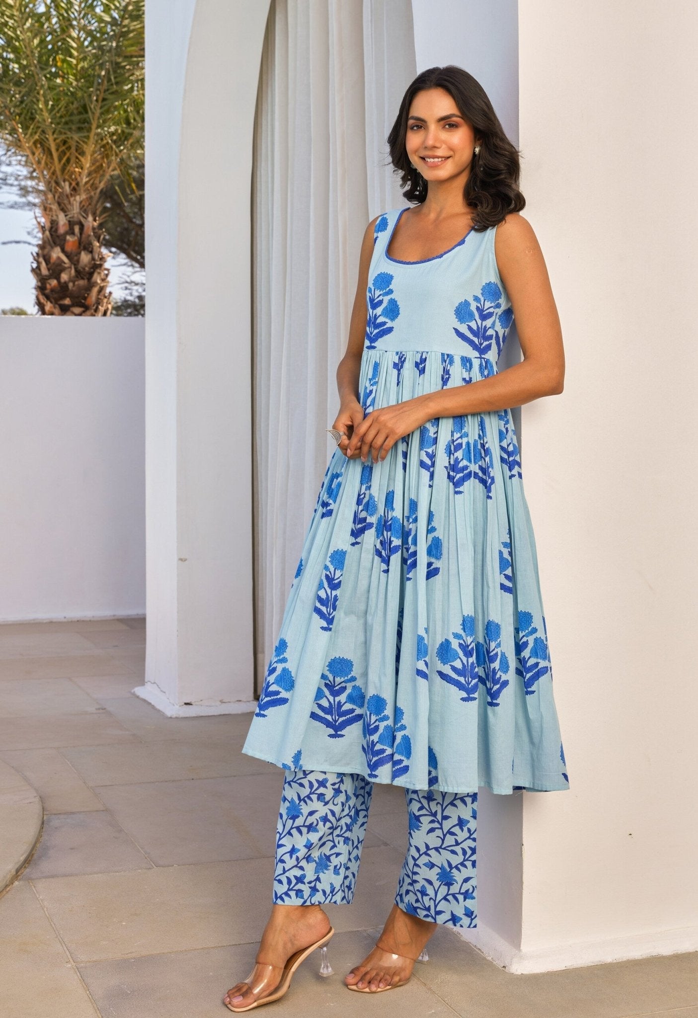 Blue Floral Hand Block Printed Kurta Set - Tara - C - Tara