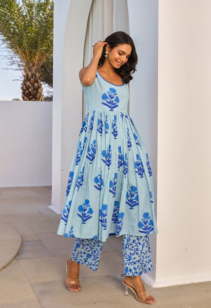 Blue Floral Hand Block Printed Kurta Set - Tara - C - Tara