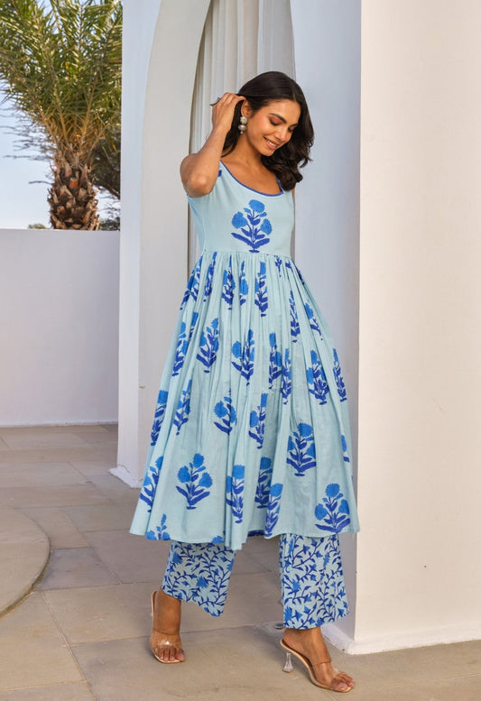 Blue Floral Hand Block Printed Kurta Set - Tara - C - Tara