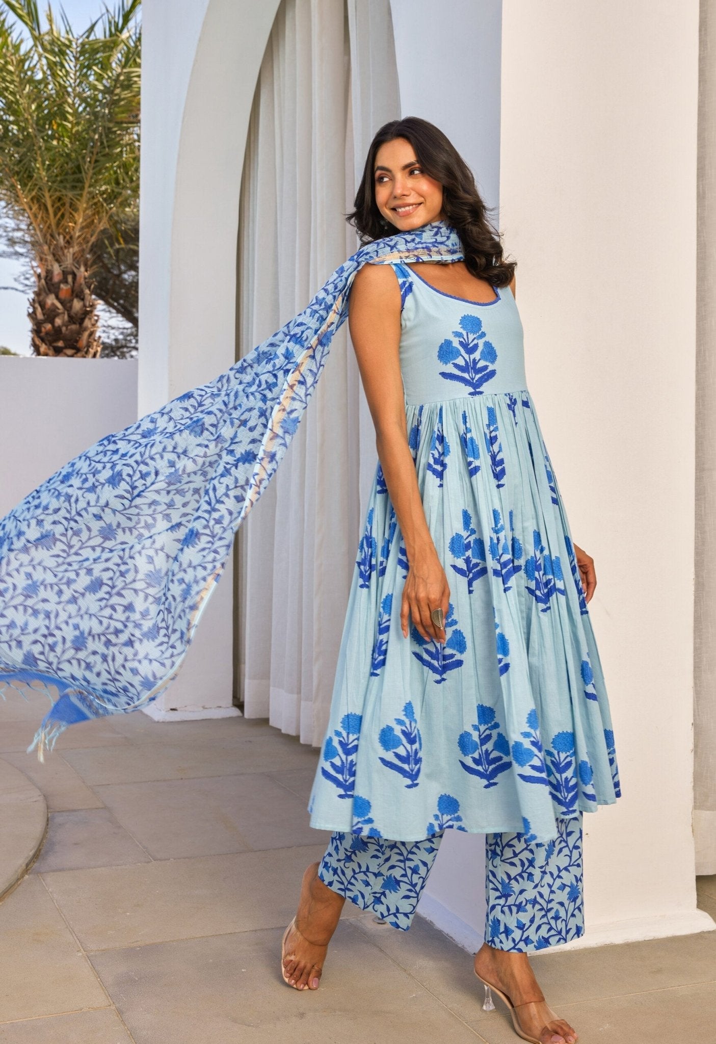 Blue Floral Hand Block Printed Kurta Set - Tara - C - Tara
