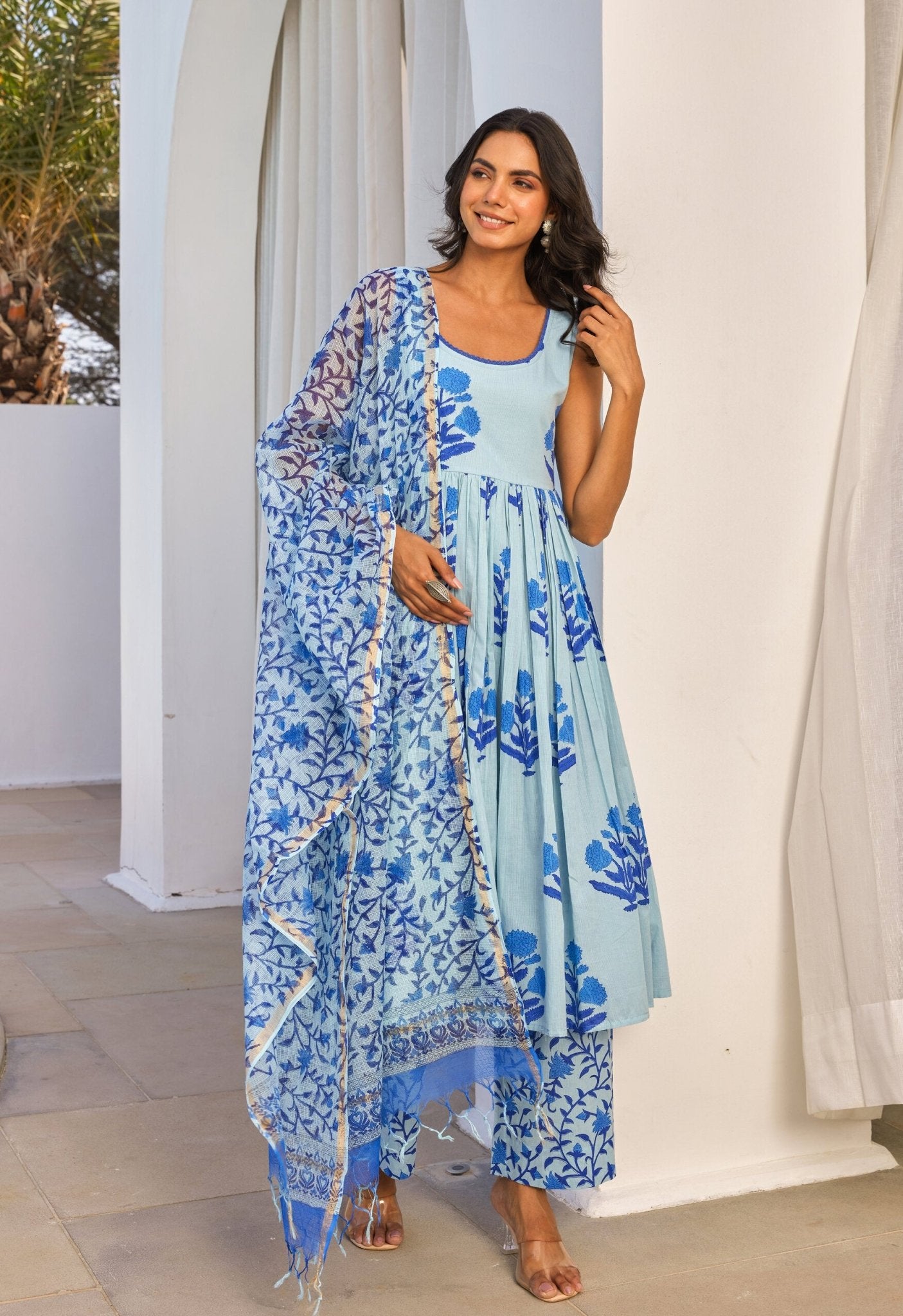 Blue Floral Hand Block Printed Kurta Set - Tara - C - Tara