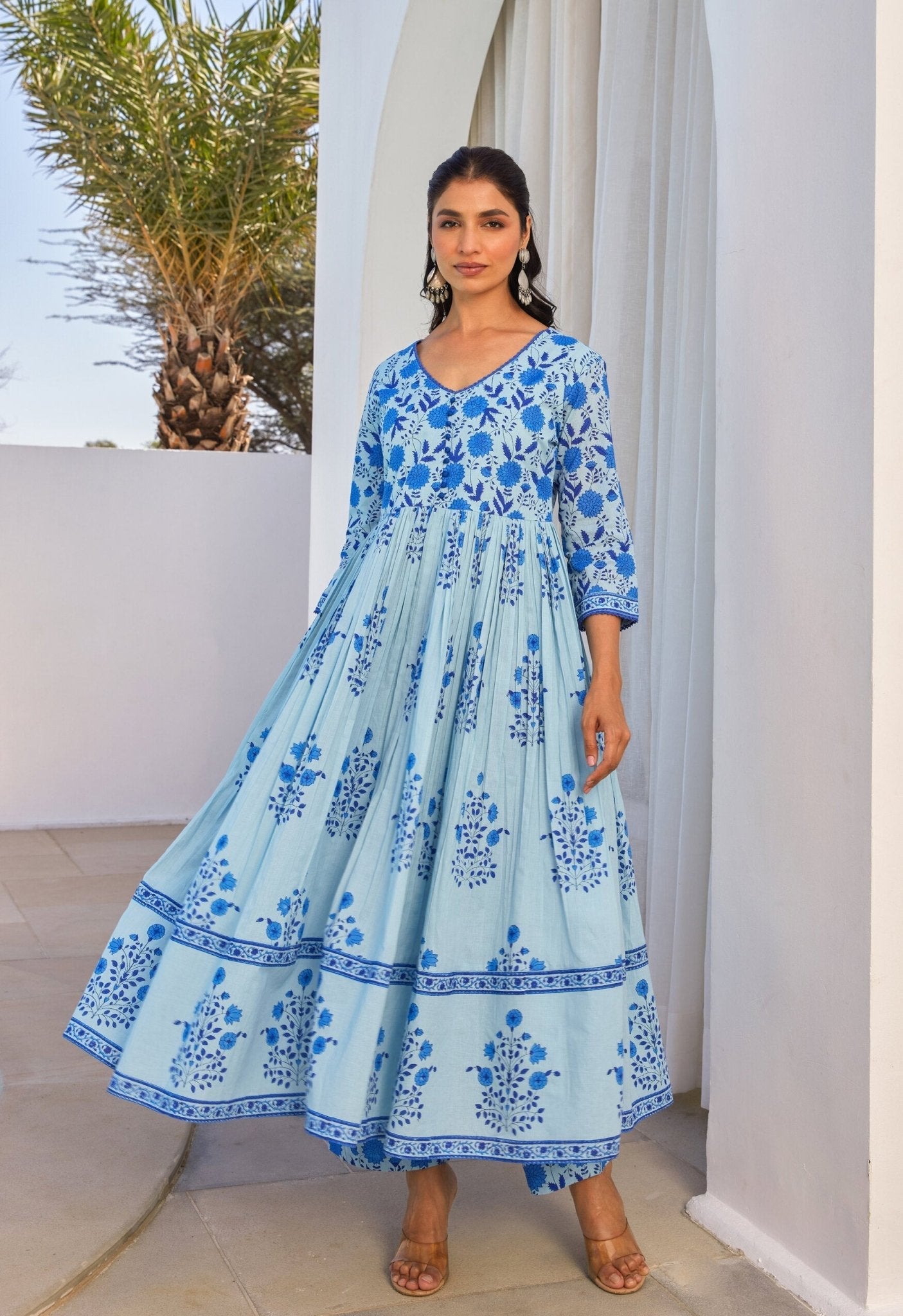 Blue Hand Block Printed Anakali Set With Dupatta - Tara - C - Tara