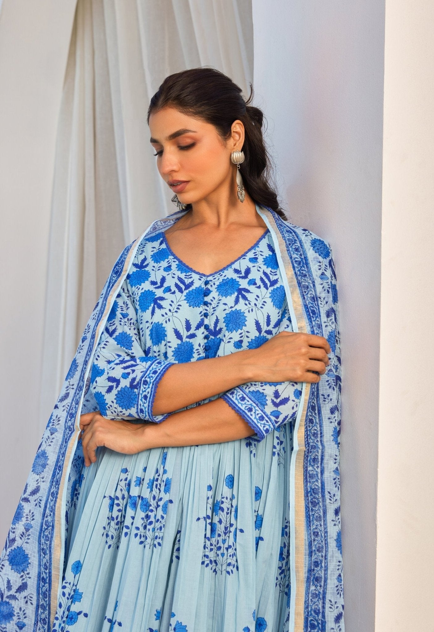 Blue Hand Block Printed Anakali Set With Dupatta - Tara - C - Tara