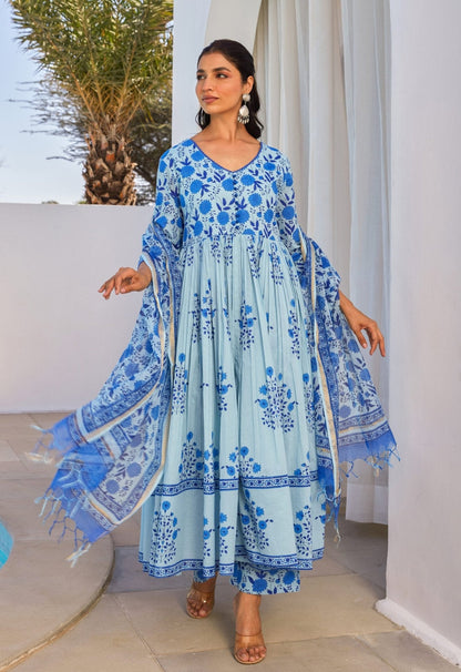 Blue Hand Block Printed Anakali Set With Dupatta - Tara - C - Tara