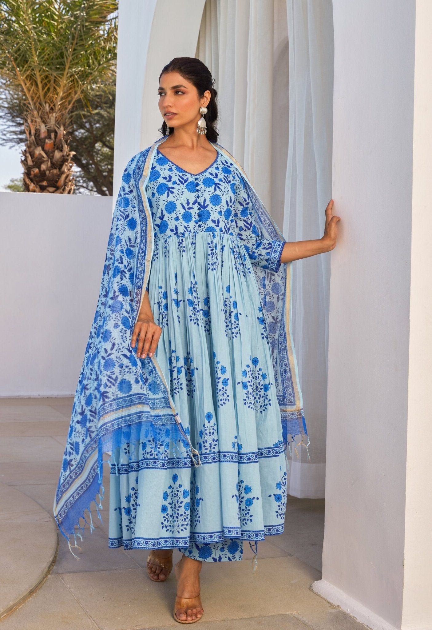Blue Hand Block Printed Anakali Set With Dupatta - Tara - C - Tara