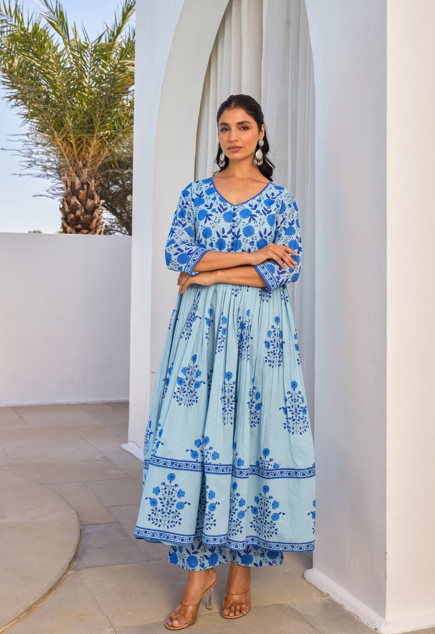 Blue Hand Block Printed Anakali Set With Dupatta - Tara - C - Tara