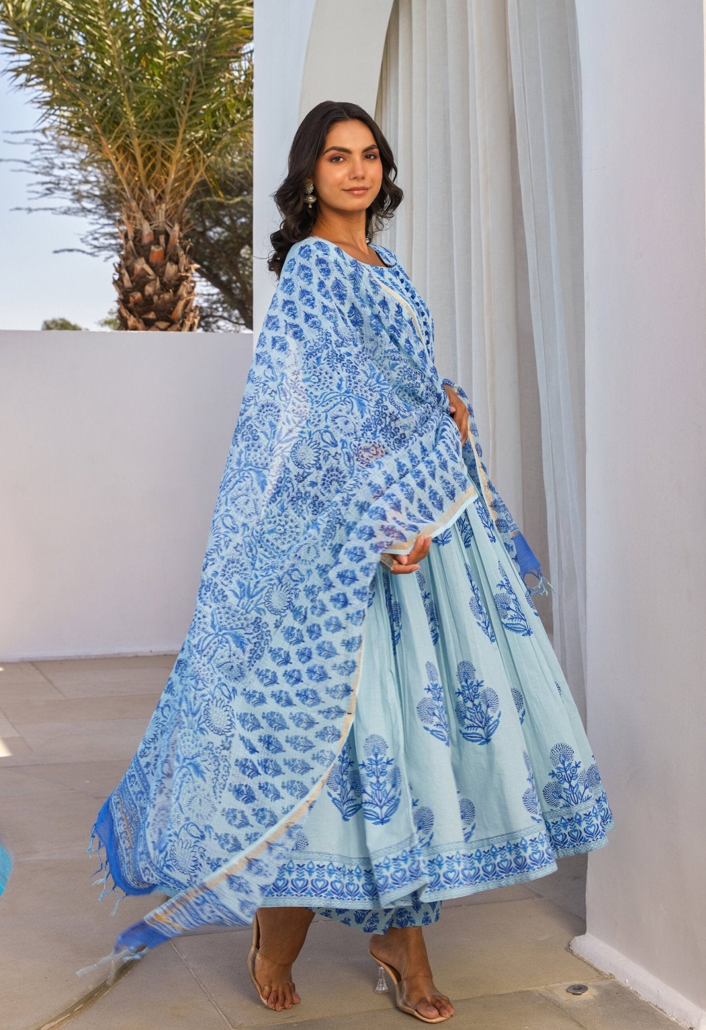 Blue Hand Block Printed Anarkali kurta Set With Dupatta - Tara - C - Tara