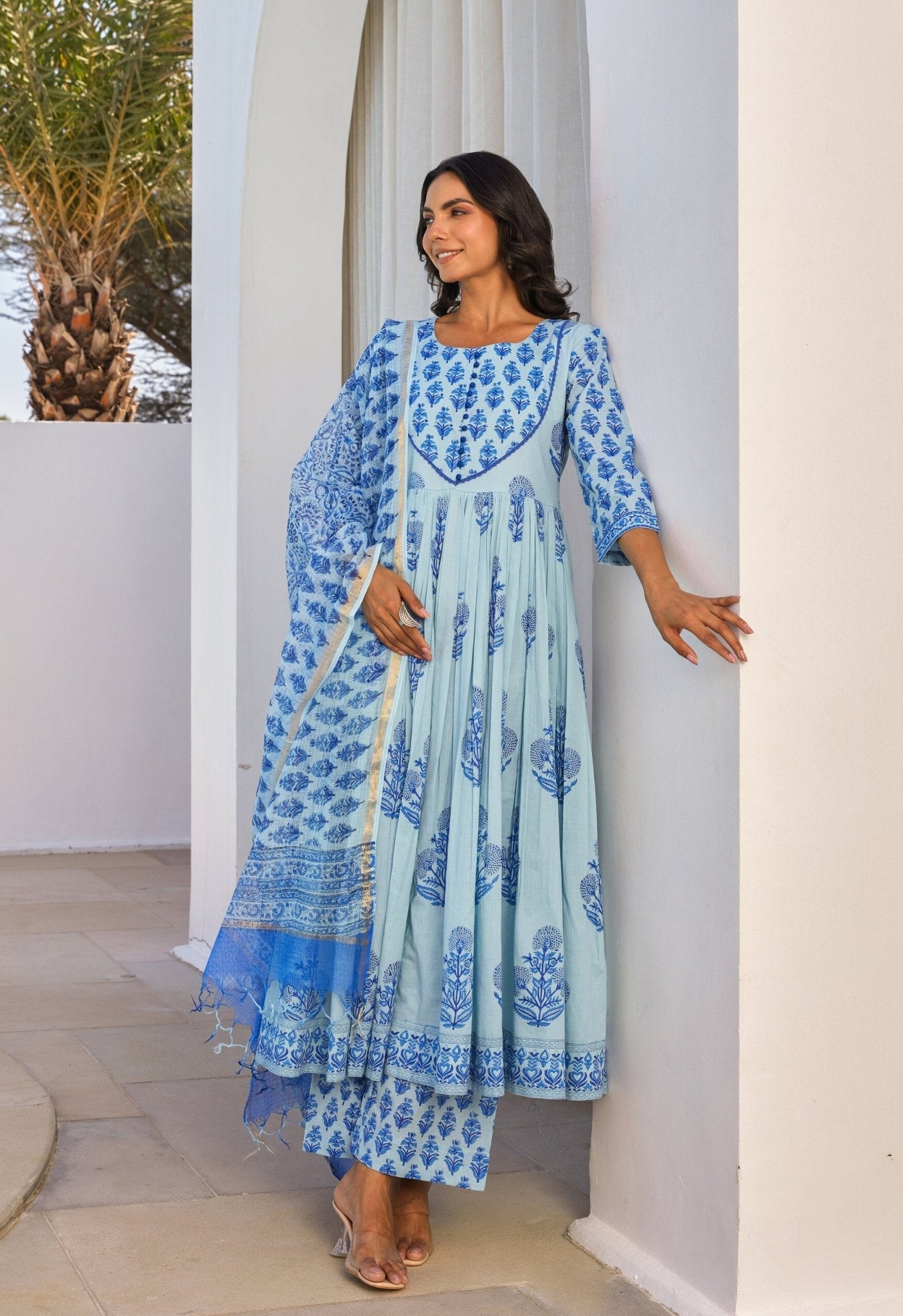 Blue Hand Block Printed Anarkali kurta Set With Dupatta - Tara - C - Tara