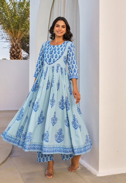 Blue Hand Block Printed Anarkali kurta Set With Dupatta - Tara - C - Tara