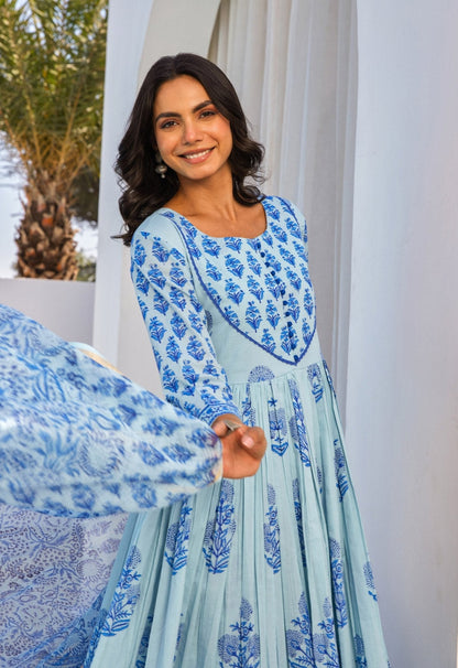 Blue Hand Block Printed Anarkali kurta Set With Dupatta - Tara - C - Tara