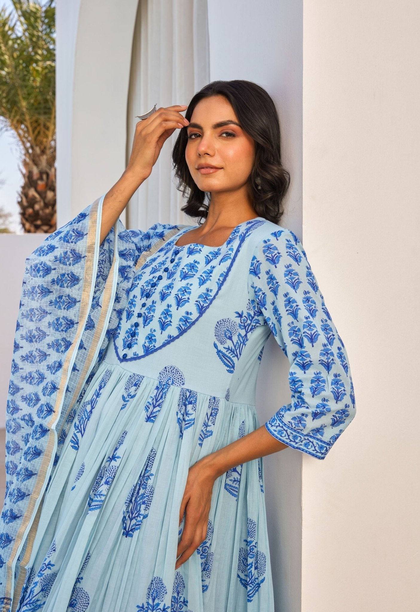 Blue Hand Block Printed Anarkali kurta Set With Dupatta - Tara - C - Tara