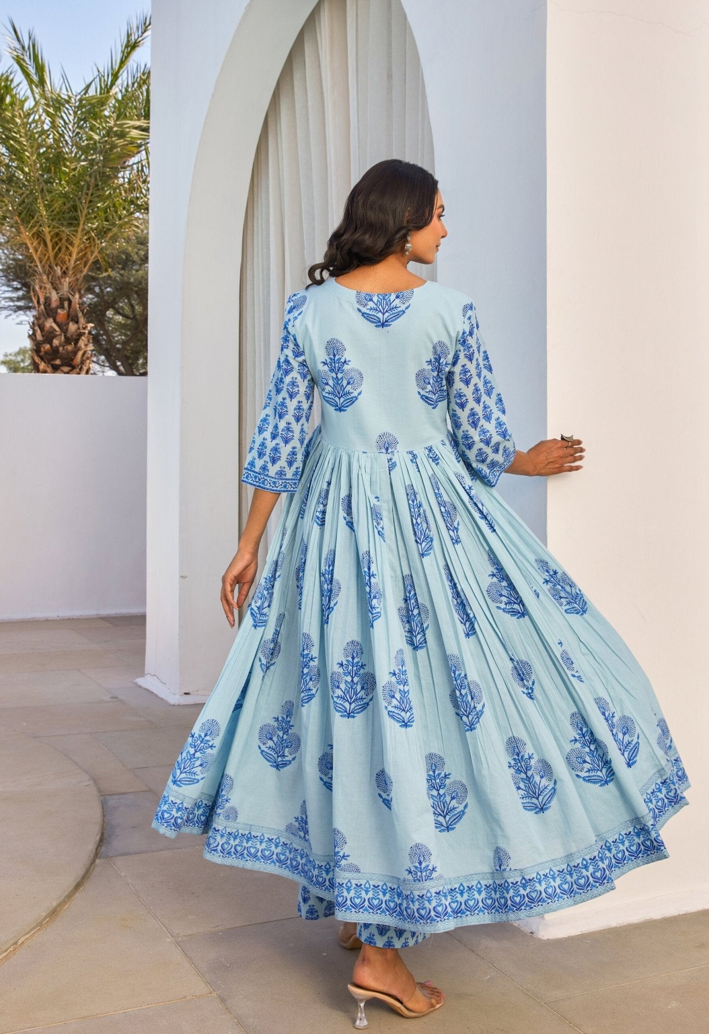 Blue Hand Block Printed Anarkali kurta Set With Dupatta - Tara - C - Tara