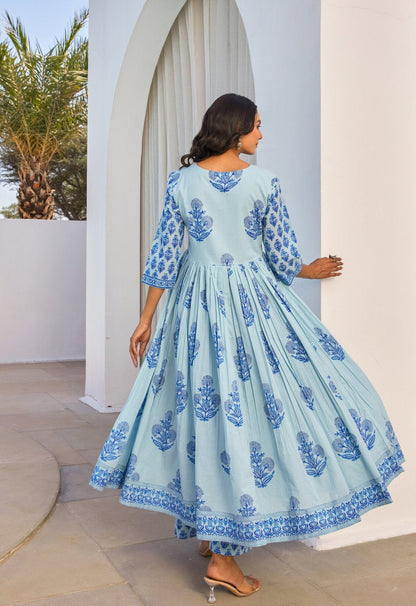 Blue Hand Block Printed Anarkali kurta Set With Dupatta - Tara - C - Tara