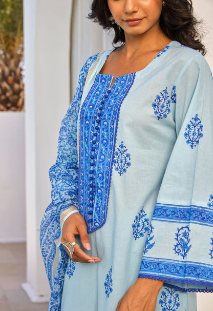 Blue Hand Block Printed Kurta Set With Dupatta - Tara - C - Tara