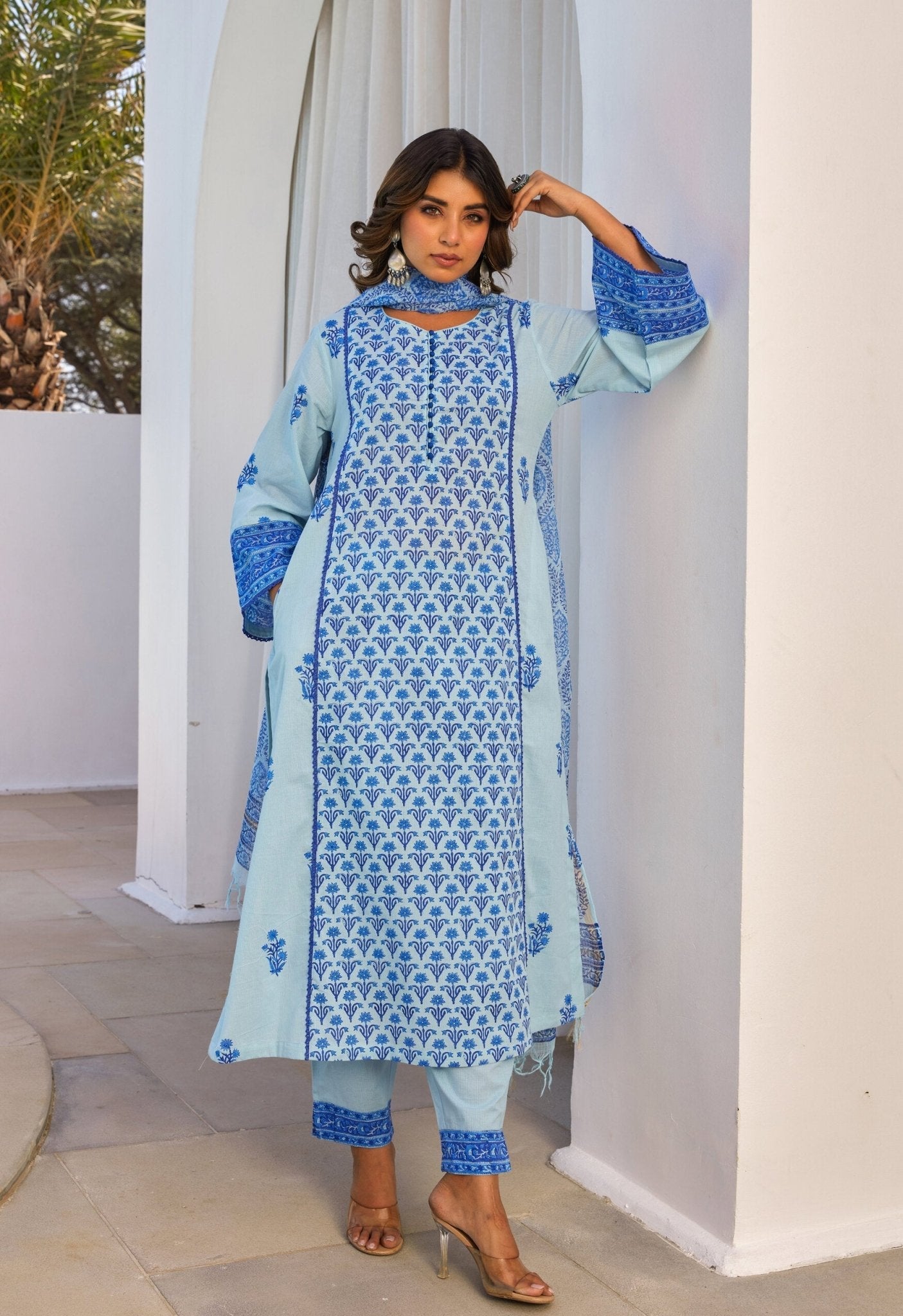 Blue Hand Block Printed Kurta Set With Dupatta - Tara - C - Tara