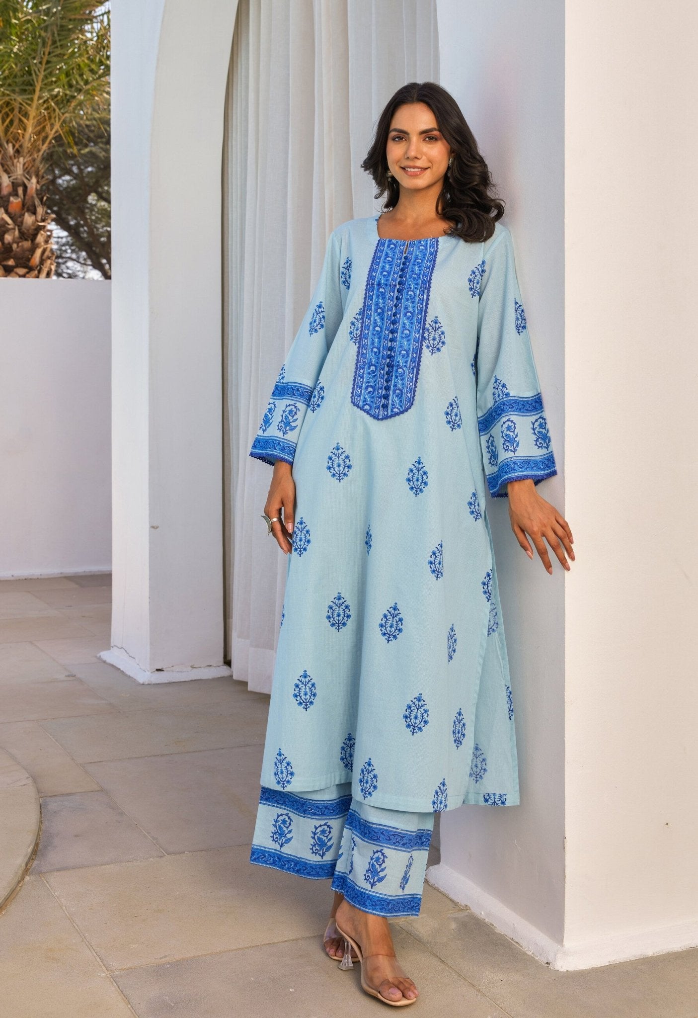 Blue Hand Block Printed Kurta Set With Dupatta - Tara - C - Tara
