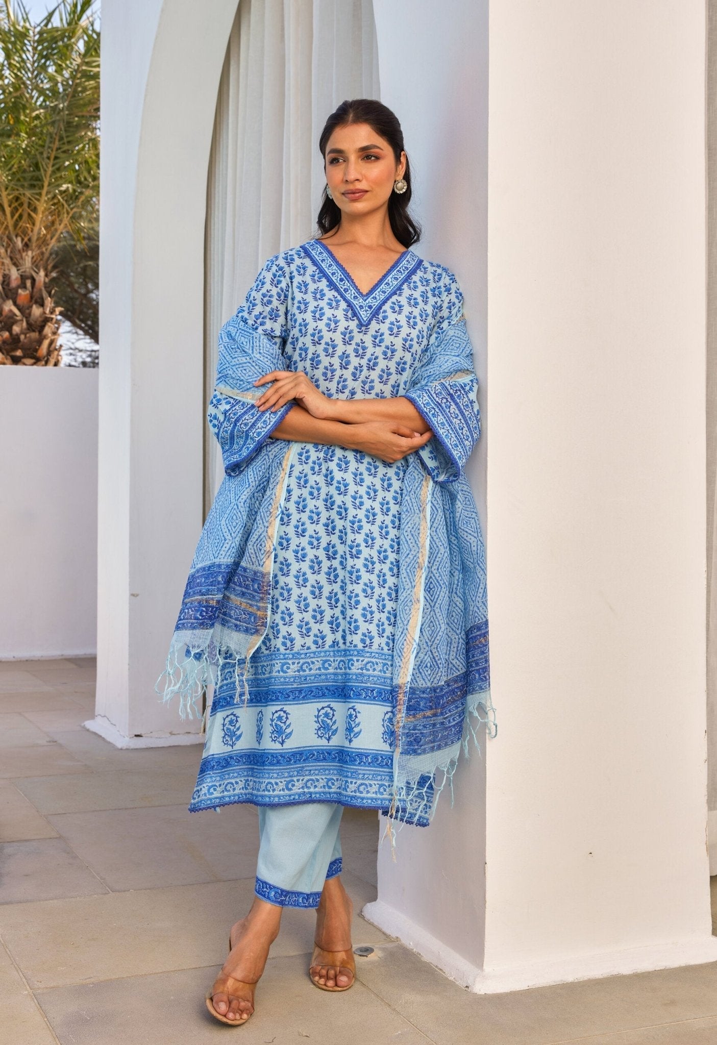 Blue Hand Block Printed Kurta Set With Dupatta - Tara - C - Tara
