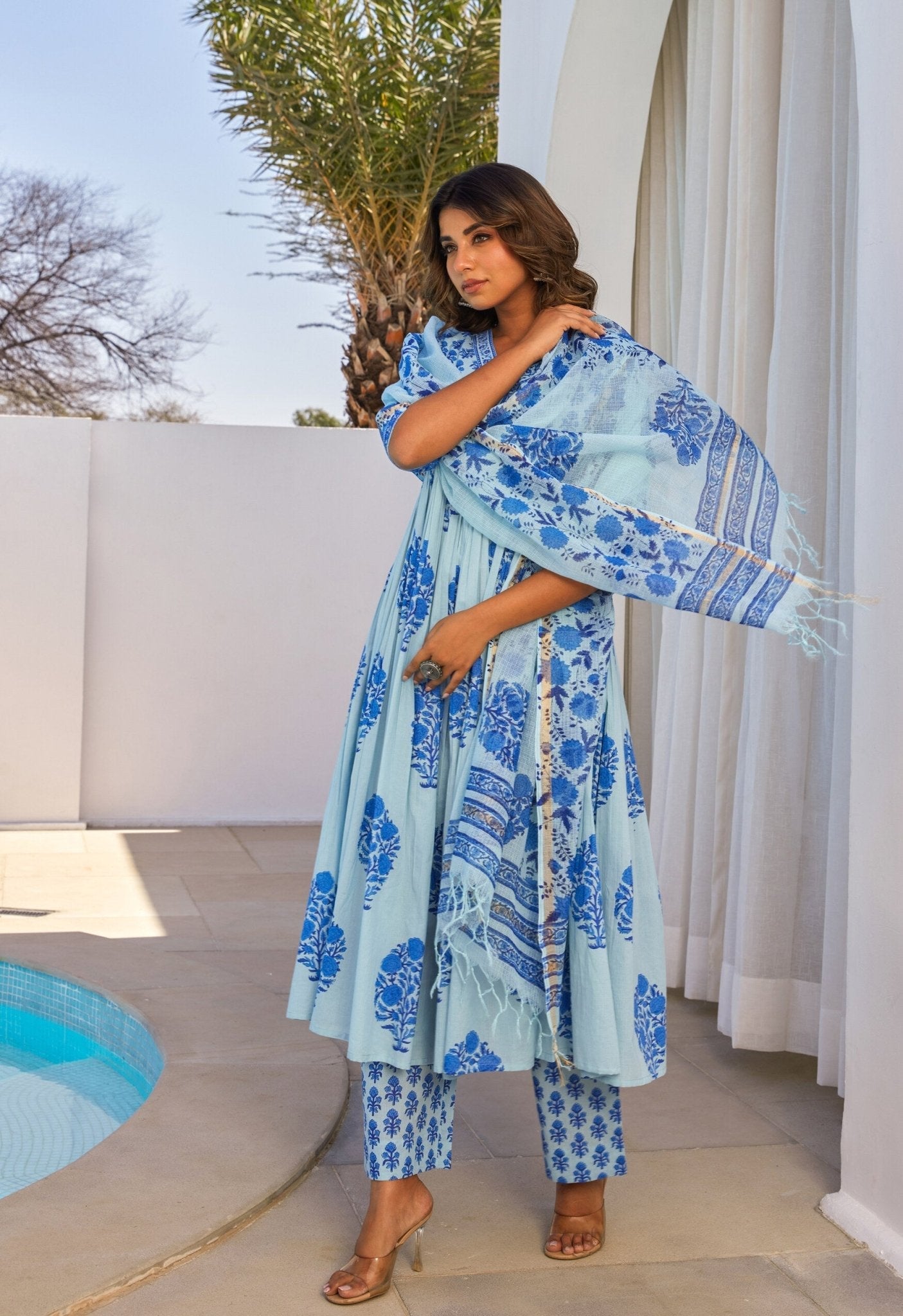 Blue Hand Block Printed Kurta Set With Dupatta - Tara - C - Tara