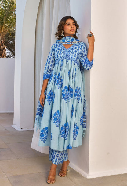 Blue Hand Block Printed Kurta Set With Dupatta - Tara - C - Tara