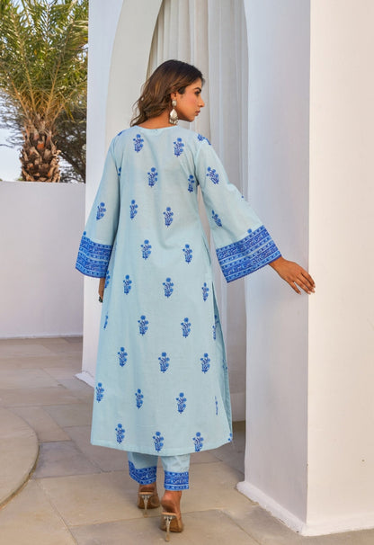Blue Hand Block Printed Kurta Set With Dupatta - Tara - C - Tara