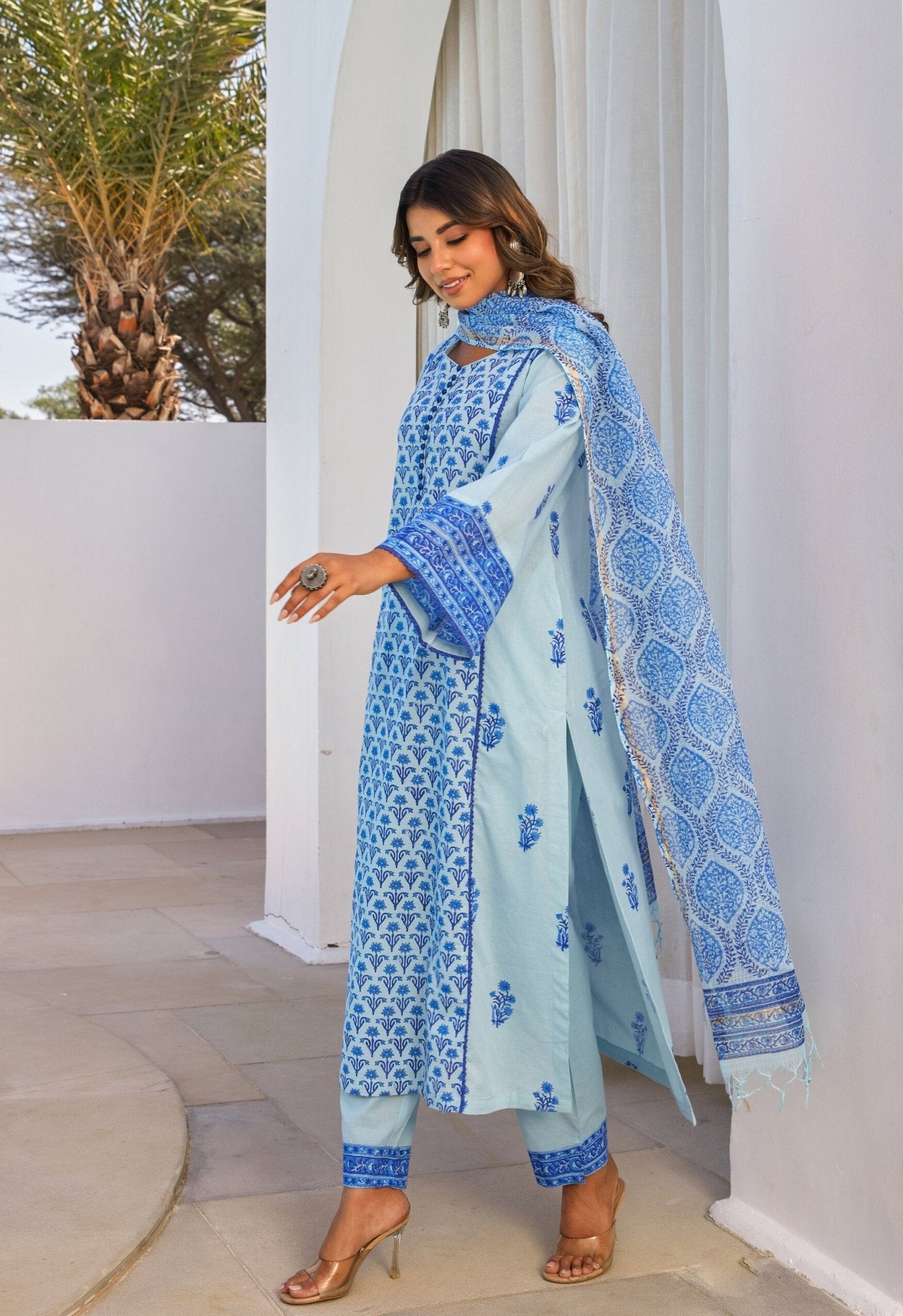 Blue Hand Block Printed Kurta Set With Dupatta - Tara - C - Tara