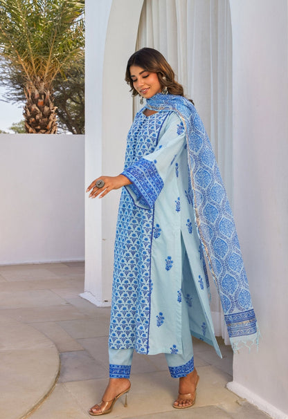Blue Hand Block Printed Kurta Set With Dupatta - Tara - C - Tara