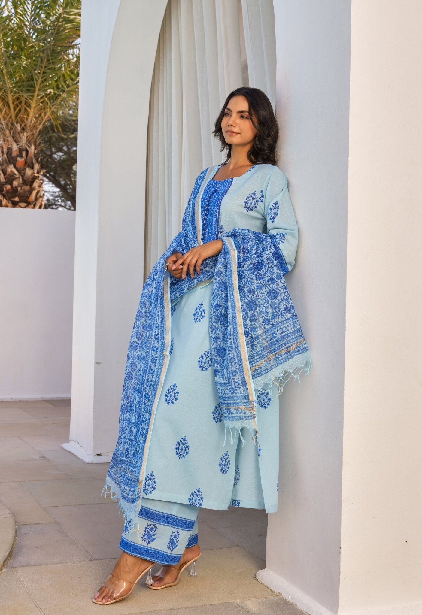 Blue Hand Block Printed Kurta Set With Dupatta - Tara - C - Tara