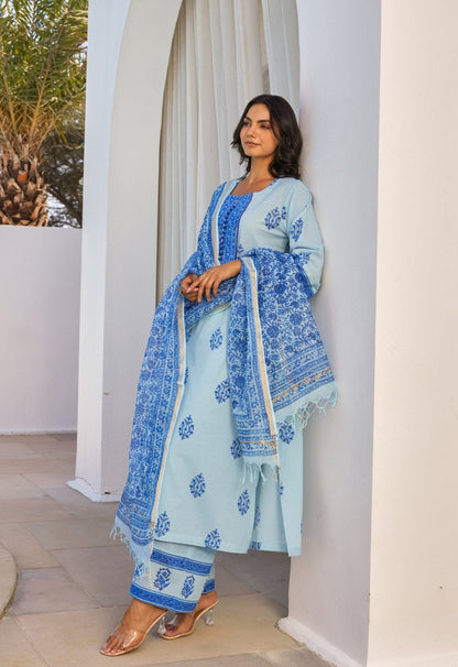 Blue Hand Block Printed Kurta Set With Dupatta - Tara - C - Tara