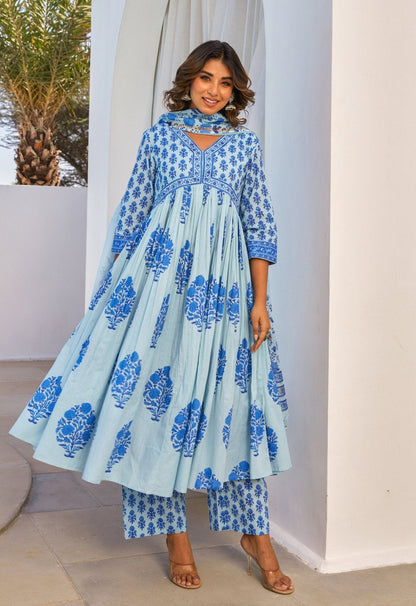 Blue Hand Block Printed Kurta Set With Dupatta - Tara - C - Tara