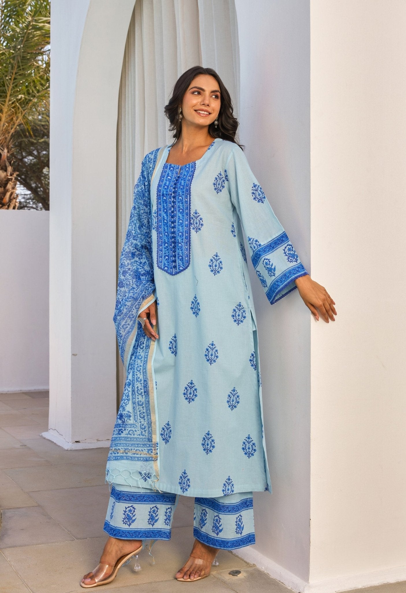 Blue Hand Block Printed Kurta Set With Dupatta - Tara - C - Tara