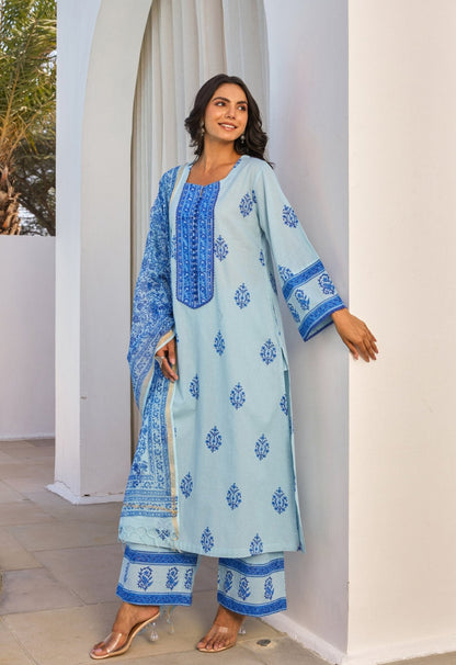 Blue Hand Block Printed Kurta Set With Dupatta - Tara - C - Tara
