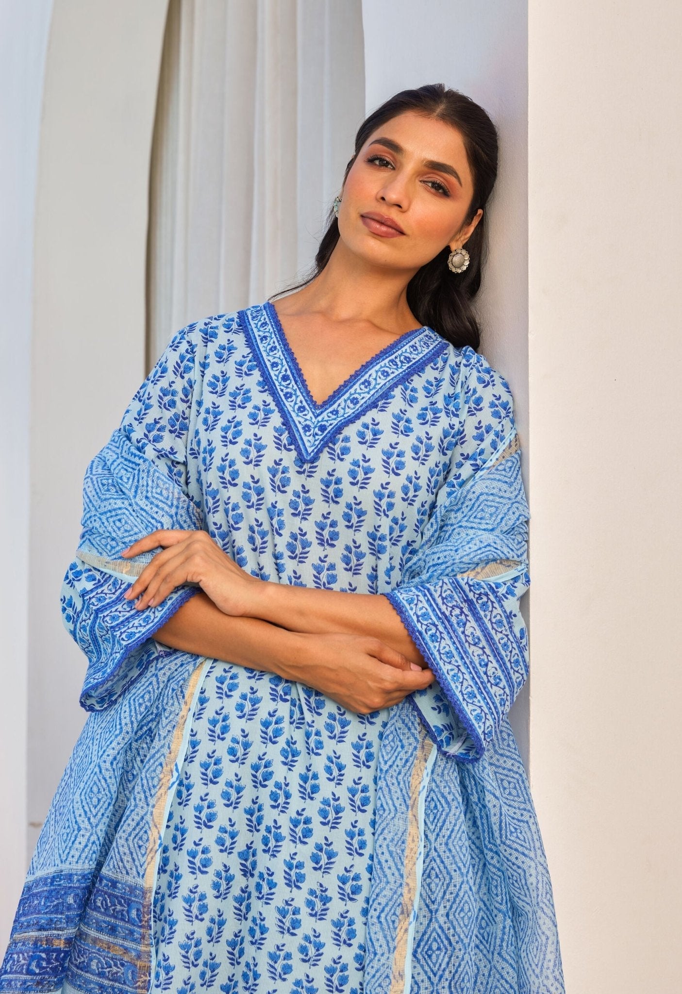 Blue Hand Block Printed Kurta Set With Dupatta - Tara - C - Tara