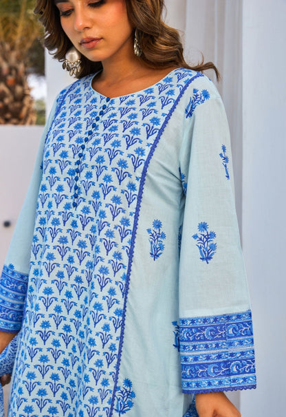 Blue Hand Block Printed Kurta Set With Dupatta - Tara - C - Tara