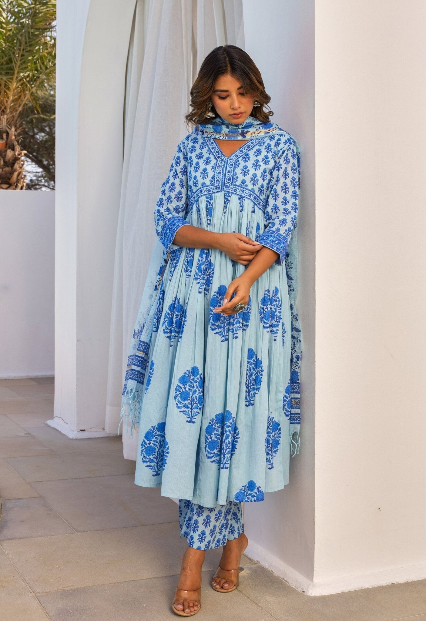 Blue Hand Block Printed Kurta Set With Dupatta - Tara - C - Tara