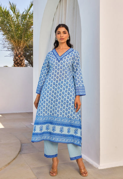 Blue Hand Block Printed Kurta Set With Dupatta - Tara - C - Tara