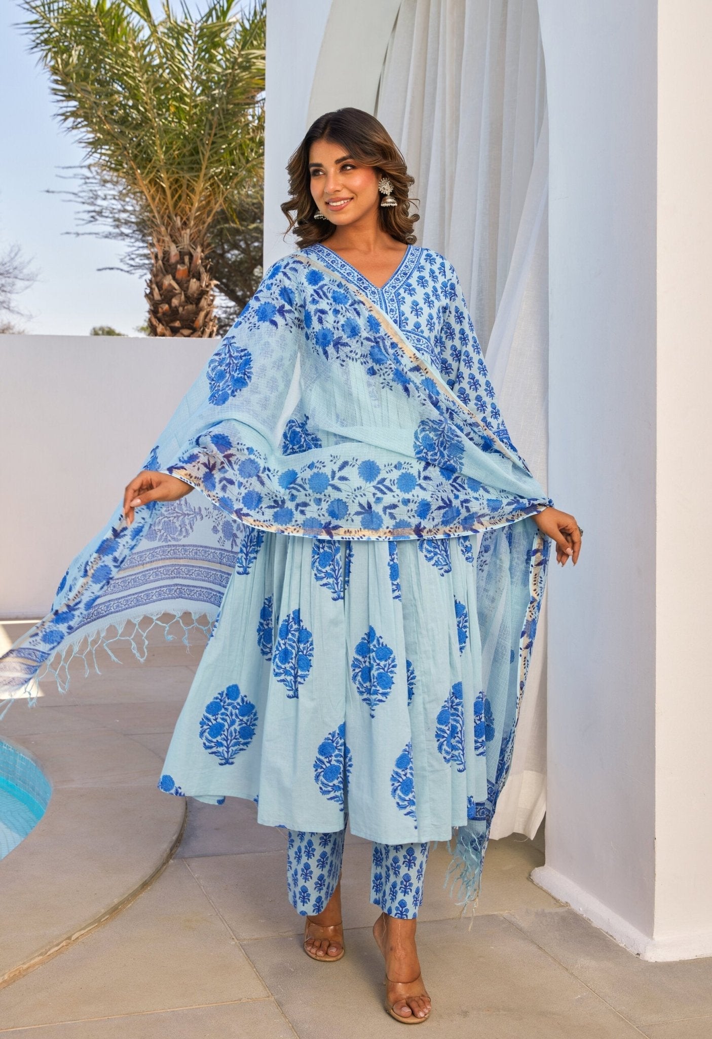 Blue Hand Block Printed Kurta Set With Dupatta - Tara - C - Tara